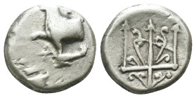 Thrace. Byzantion. (387-340 BC) AR Hemidrachm. Obv: Forepart of bull left over dolphin; monogram in left country, ΠΑ above. Rev: trident. Weight 1.77 ...