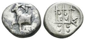 Thrace. Byzantion. (387-340 BC) AR Hemidrachm. Obv: Forepart of bull left over dolphin; monogram in left country, ΠΑ above. Rev: trident. Weight 1.75 ...