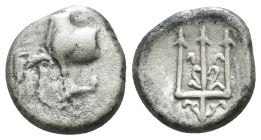 Thrace. Byzantion. (387-340 BC) AR Hemidrachm. Obv: Forepart of bull left over dolphin; monogram in left country, ΠΑ above. Rev: trident. Weight 1.79 ...