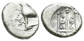 Thrace. Byzantion. (387-340 BC) AR Hemidrachm. Obv: Forepart of bull left over dolphin; monogram in left country, ΠΑ above. Rev: trident. Weight 1.89 ...