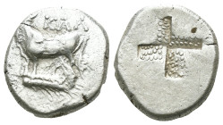 Bithynia. Kalchedon. (367-340 BC) AR Drachm. Obv: KAΛΧ. bull standing left on grain ear; in lower left field, monogram. Rev: Quadripartite incuse squa...