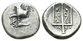 Thrace. Byzantion. (387-340 BC) AR Hemidrachm. Obv: Forepart of bull left over dolphin; monogram in left country, ΠΑ above. Rev: trident. Weight 1.80 ...