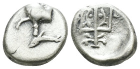 Thrace. Byzantion. (387-340 BC) AR Hemidrachm. Obv: Forepart of bull left over dolphin; monogram in left country, ΠΑ above. Rev: trident. Weight 1.63 ...