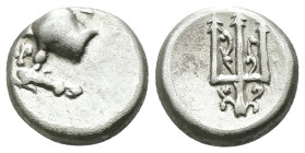 Thrace. Byzantion. (387-340 BC) AR Hemidrachm. Obv: Forepart of bull left over dolphin; monogram in left country, ΠΑ above. Rev: trident. Weight 1.81 ...