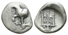 Thrace. Byzantion. (387-340 BC) AR Hemidrachm. Obv: Forepart of bull left over dolphin; monogram in left country, ΠΑ above. Rev: trident. Weight 1.85 ...