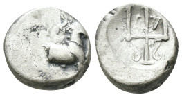 Thrace. Byzantion. (387-340 BC) AR Hemidrachm. Obv: Forepart of bull left over dolphin; monogram in left country, ΠΑ above. Rev: trident. Weight 1.93 ...