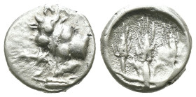 Bithynia. Kalchedon. (367-340 BC) AR Drachm. Obv: KAΛΧ. bull standing left on grain ear; in lower left field, monogram. Rev: Quadripartite incuse squa...