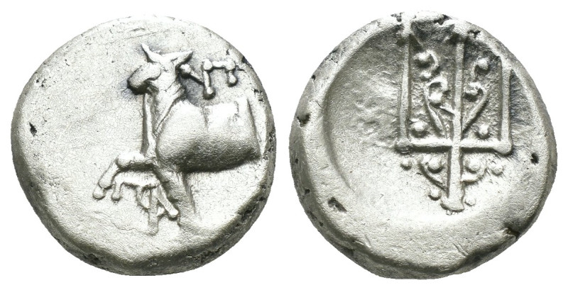 Thrace. Byzantion. (387-340 BC) AR Hemidrachm. Obv: Forepart of bull left over d...