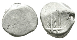 Thrace. Byzantion. (387-340 BC) AR Hemidrachm. Obv: Forepart of bull left over dolphin; monogram in left country, ΠΑ above. Rev: trident. Weight 1.76 ...