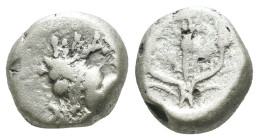 Bithynia. Kalchedon. (367-340 BC) AR Drachm. Obv: KAΛΧ. bull standing left on grain ear; in lower left field, monogram. Rev: Quadripartite incuse squa...