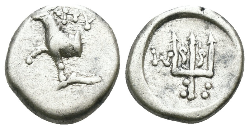 Thrace. Byzantion. (387-340 BC) AR Hemidrachm. Obv: Forepart of bull left over d...