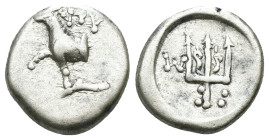 Thrace. Byzantion. (387-340 BC) AR Hemidrachm. Obv: Forepart of bull left over dolphin; monogram in left country, ΠΑ above. Rev: trident. Weight 1.81 ...