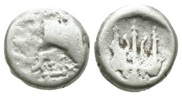 Thrace. Byzantion. (387-340 BC) AR Hemidrachm. Obv: Forepart of bull left over dolphin; monogram in left country, ΠΑ above. Rev: trident. Weight 1.78 ...