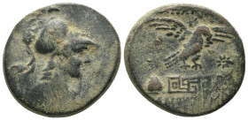 Phyrgia. Apameia. (88-40 BC) Æ Bronze. Obv: helmeted bust of Athena right. Rev: eagle with spread wings three-quarters right, about to land on meander...