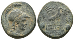 Phyrgia. Apameia. (88-40 BC) Æ Bronze. Obv: helmeted bust of Athena right. Rev: eagle with spread wings three-quarters right, about to land on meander...