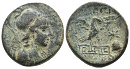 Phyrgia. Apameia. (88-40 BC) Æ Bronze. Obv: helmeted bust of Athena right. Rev: eagle with spread wings three-quarters right, about to land on meander...