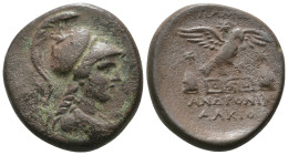 Phyrgia. Apameia. (88-40 BC) Æ Bronze. Obv: helmeted bust of Athena right. Rev: eagle with spread wings three-quarters right, about to land on meander...