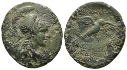 Phyrgia. Apameia. (88-40 BC) Æ Bronze. Obv: helmeted bust of Athena right. Rev: eagle with spread wings three-quarters right, about to land on meander...