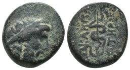 Mysia. Pergamon. civic issue. (200-150 BC). Bronze Æ. Obv: laureate head of Zeus right. Rev:ΑΣΚΛΕΠΙΟΥ / ΣΩΤΗΡΟΣ. serpent standing erect to right, tail...