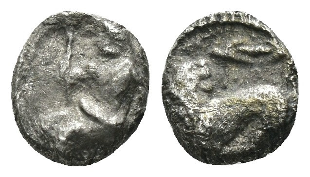 Lykaonia. Laranda. (324-323 BC) AR Obol. Obv: Baaltras seated left. Rev: forepar...