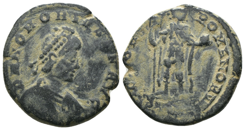 Honorius. (393-395 AD). Follis. Antioch. Obv: DN HONORIVS PF AVG. pearl-diademed...