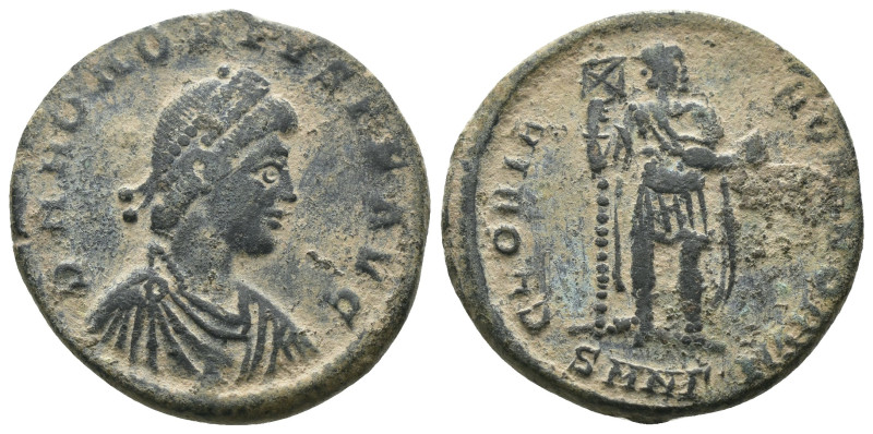 Honorius. (393-395 AD). Follis. Antioch. Obv: DN HONORIVS PF AVG. pearl-diademed...