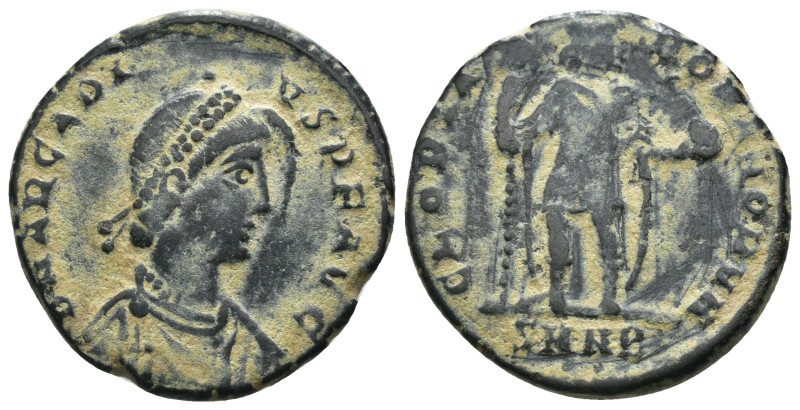 Arcadius. (383-388 AD). Follis. Nicomedia. Obv: D N ARCADIVS P F AVG. diademed a...