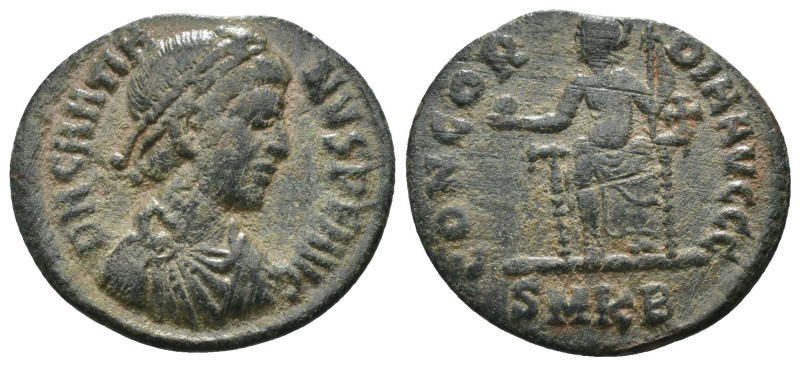 Gratian. (378-383 AD). Æ Follis. Cyzicus. Obv: D N GRATIANVS P F AVG. pearl-diad...