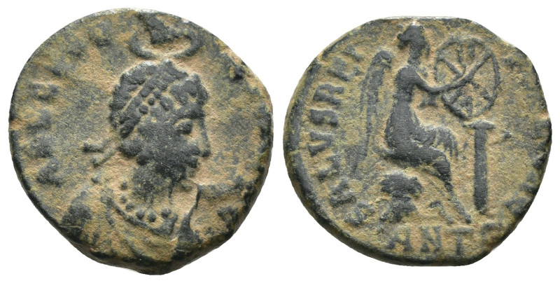 Aelia Eudoxia. (395-401 AD). Follis. Antioch. Obv: AEL EVDOXIA AVG. Pearl-diadem...