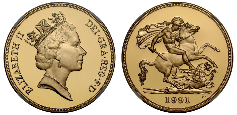 g PF70 UCAM| Elizabeth II (1952-2022), gold proof Five Pounds, 1991, crowned hea...