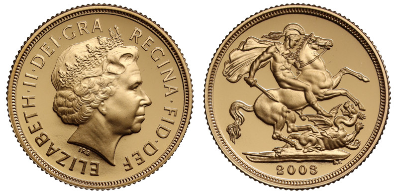 g Elizabeth II (1952-2022), gold proof Sovereign, 2003, crowned head right, init...