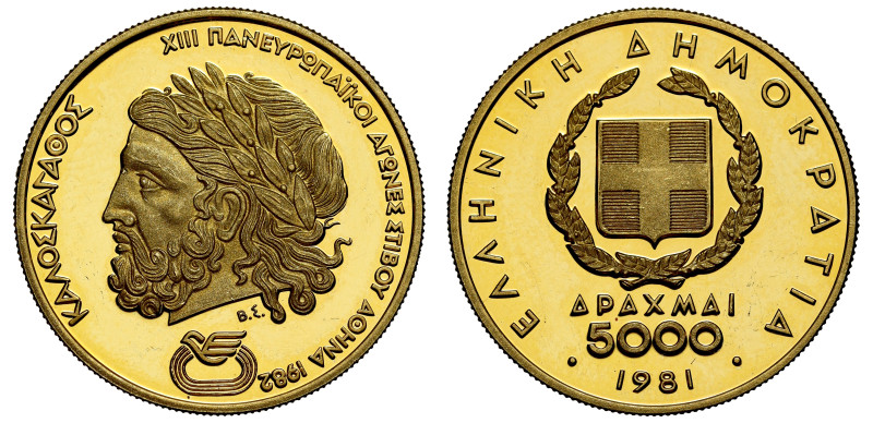 g Greece, gold proof 5000 Drachmai, 1981, Commemorating the 1982 Pan-European Ga...