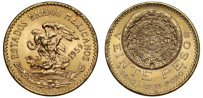 g Mexico, gold Twenty Pesos, 1959, design by Jorge Encisco, republican eagle clu...