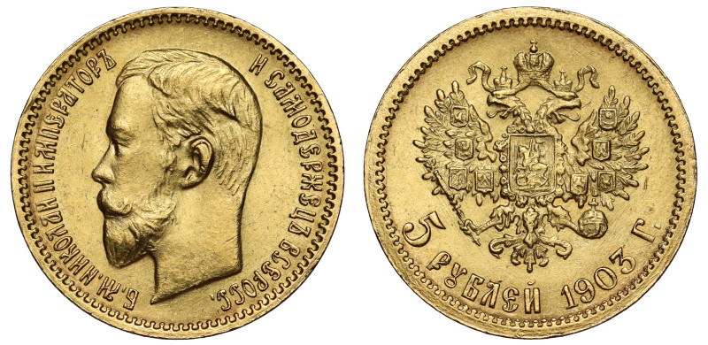 g Russia, Russian Empire, Nicholas II (1894-1917), gold 5 Roubles, 1903, St. Pet...