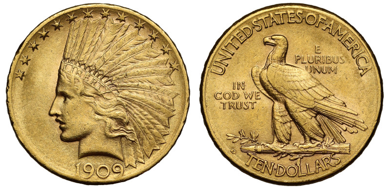 g USA, gold Ten Dollars or Eagle, 1909, Denver mint, Indian Head left with 13 st...