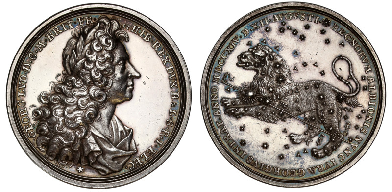 Accession of George I, 1714, silver medal by Georg W. Vestner, laureate and drap...