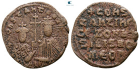 Constantine VII Porphyrogenitus, with Romanus I and Zoe AD 914-919. Constantinople. Follis or 40 Nummi Æ