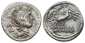 M. LUCILIUS RUFUS (101 BC). Denarius. 
.
Condition: Very Fine.
Weight: 3.97 g.
Diameter: 20.2 mm.