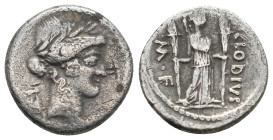 P. CLODIUS M.F. TURRINUS, 42 BC. Denarius.
.
Condition: Fine.
Weight: 3.65 g.
Diameter: 17.8 mm.