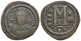 JUSTINIAN I (527-565). Follis.
.
Condition: Very Fine.
Weight: 21.67 g.
Diameter: 35.2 mm