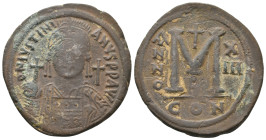 JUSTINIAN I (527-565). Follis.
.
Condition: Very Fine.
Weight: 22.26 g.
Diameter: 40.5 mm
