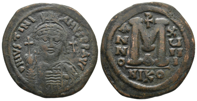 JUSTINIAN I (527-565). Follis.
.
Condition: Very Fine.
Weight: 19.3 g.
Diameter:...