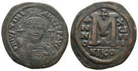 JUSTINIAN I (527-565). Follis.
.
Condition: Very Fine.
Weight: 19.3 g.
Diameter: 36.4 mm