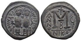 JUSTIN II, with SOPHIA (565-578). Follis. 
.
Condition: Very Fine.
Weight: 12.79 g.
Diameter: 29 mm