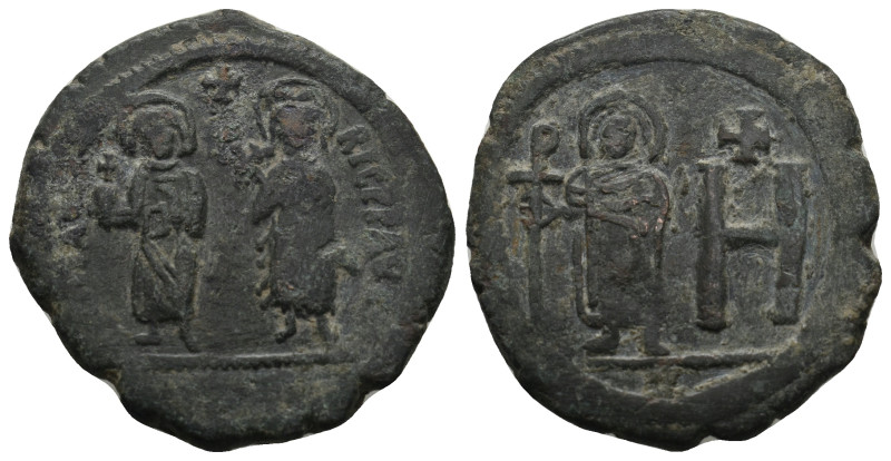 MAURICE TIBERIUS with CONSTANTIA and THEODOSIUS (582-602). Follis or 8 Pentanumm...