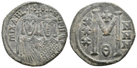 MICHAEL II THE AMORIAN with THEOPHILUS (820-829). Follis.
.
Condition: Very Fine.
Weight: 7.91 g.
Diameter: 30 mm