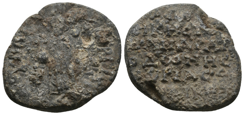 BYZANTINE LEAD SEALS. Uncertain.
.
Condition: Fine.
Weight: 20.27 g.
Diameter: 3...