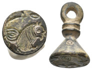 BYZANTINE BRONZE STAMP SEAL.
.
Condition: Very Fine.
Weight: 7.22 g.
Diameter: 20.7 mm