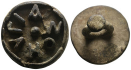 BYZANTINE BRONZE STAMP SEAL.
.
Condition: Very Fine.
Weight: 104.76 g.
Diameter: 50.4 mm