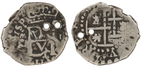 Moneda virreinal. Felipe II o III. ½ Real. S/F. Ensayador no visible. Potosí. Ag. 2,11 g. . MBC-. Doble perforación. Salida: 15